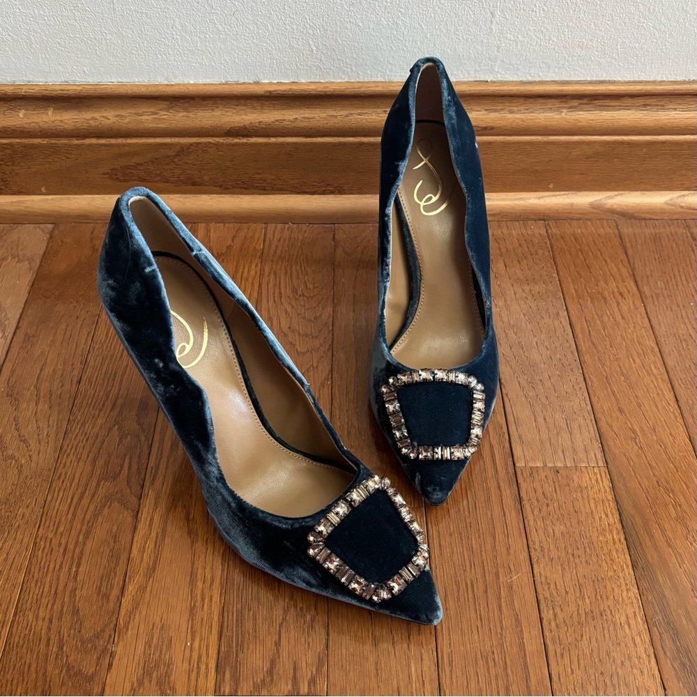 Sam Edelman Blue Velvet Scalloped Elegant High Heels with Rhinestones
